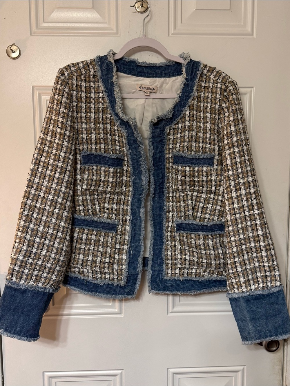Nanette Lepore Tweed Denim Trimmed Fringe Blazer Jacket